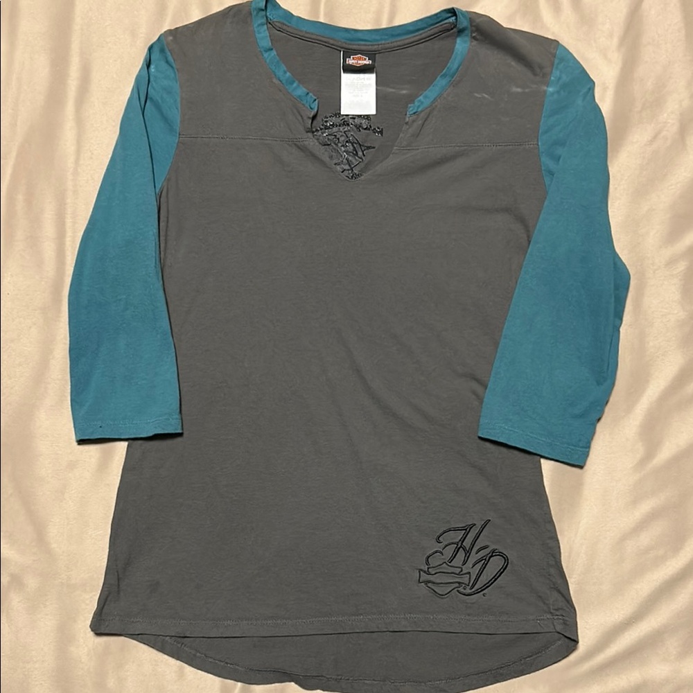 Harley-Davidson Gray and Teal Women's Top size L